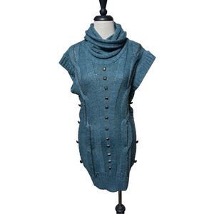 Kessley Short Sleeve Embellished Turquoise Cowl Neck Tunic Sweater S/M
